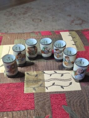 7 Vintage Hand-Painted Porcelain Shot Glass Set - White with Multicolor Figures